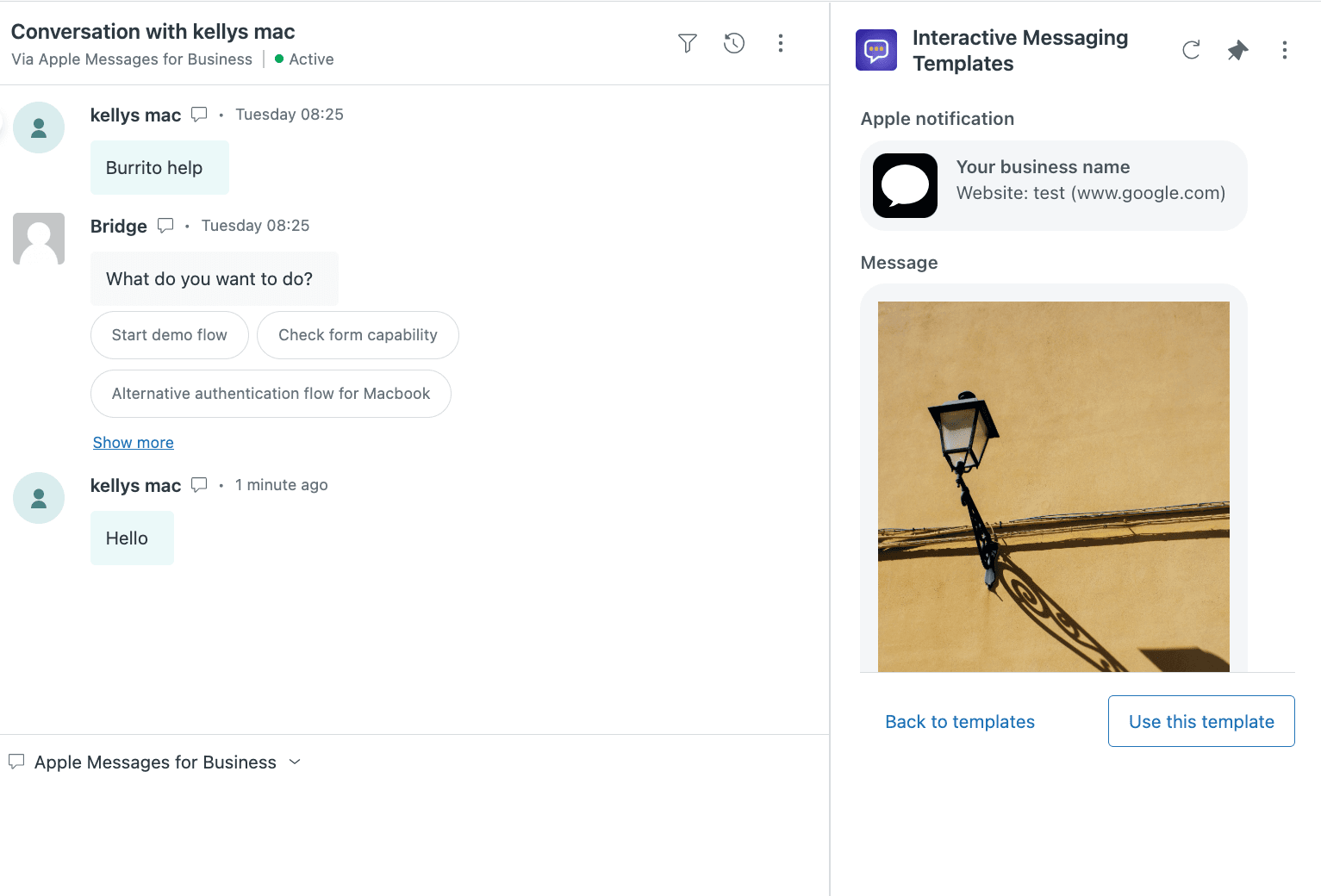 L'application Interactive Messaging Templates affichant la sélection de modèles dans une barre latérale de ticket, avec des aperçus de messages enrichis pour une notification Apple et un message visuel.