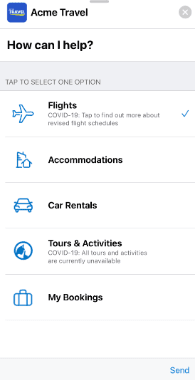 Le menu interactif d'Acme Travel dans un chat Apple Messages for Business.