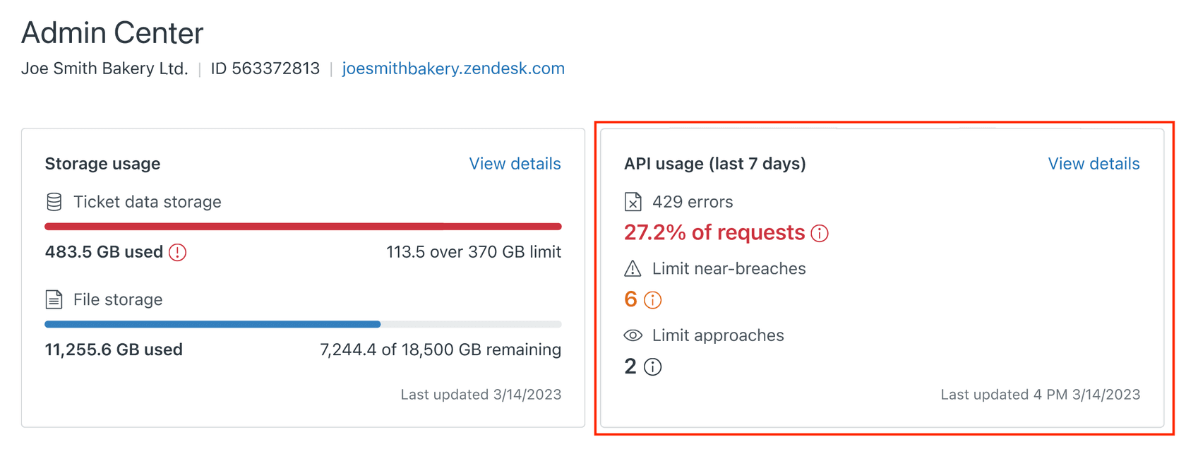 Zendesk's Admin Center displaying storage and API usage metrics for an account.