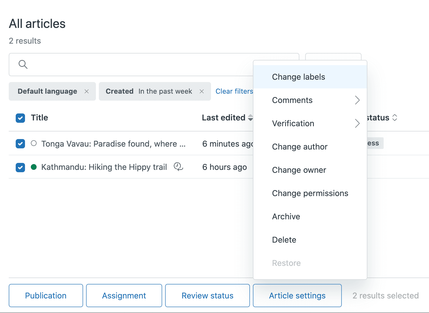 Article management interface with open settings menu showing the change labels option