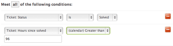 Zendesk automation builder showing conditions and actions configuration