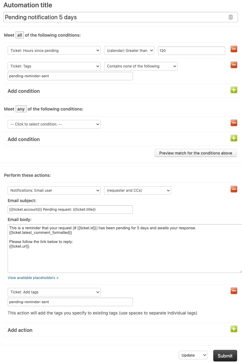 Zendesk automation builder showing the Hours since pending condition dropdown