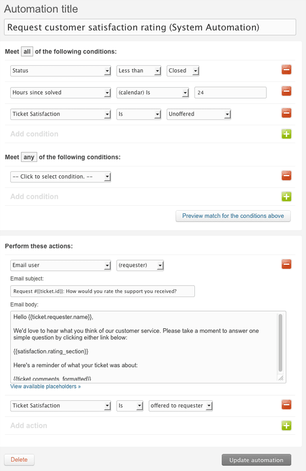 Zendesk Admin Center automation configuration interface