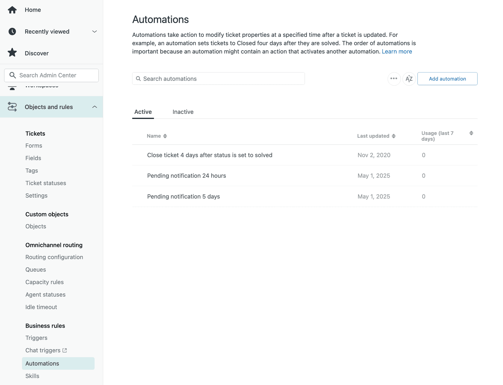 Zendesk's Automations overview page, highlighting active automations and showing Triggers in the navigation for comparison.