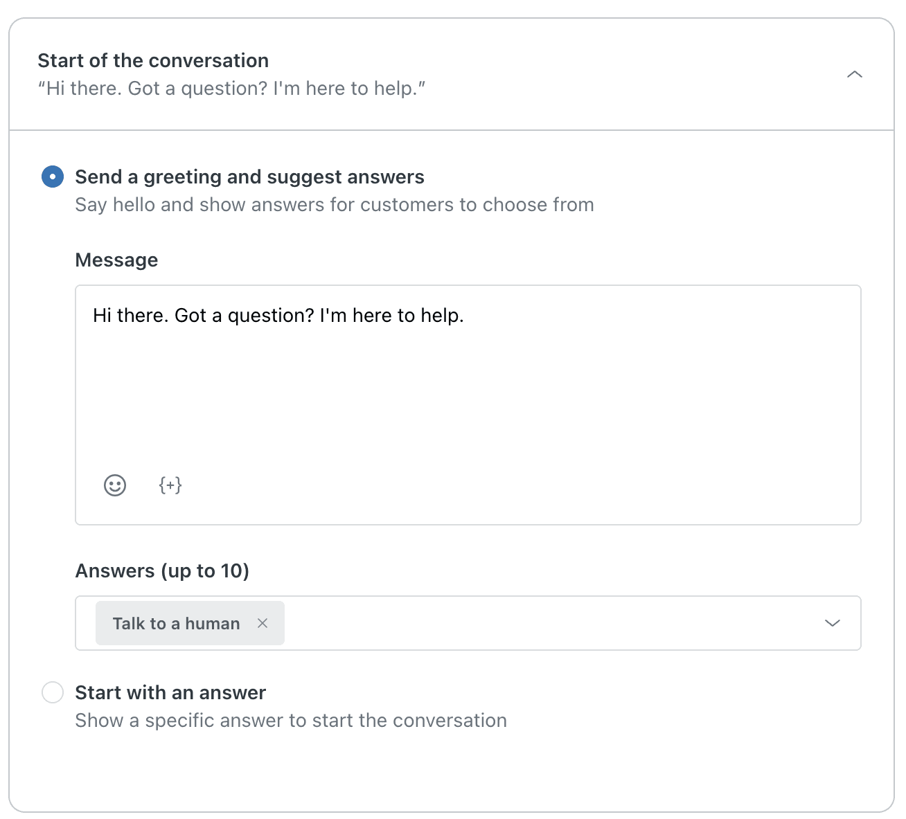 A messaging platform's settings panel for configuring an AI agent's initial greeting and standard suggested responses.