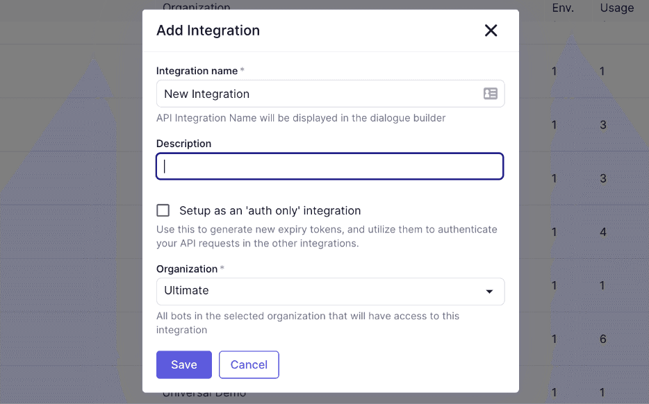 Integration Builder modal for configuring API credentials and authentication settings