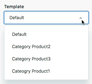 Template selection dropdown showing default and category product options