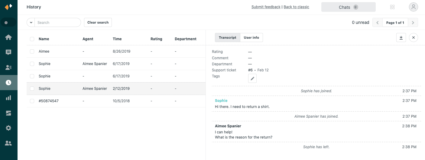 Zendesk Chat History page displaying past conversations and transcripts