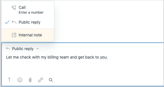 Zendesk ticket interface showing Public reply and Internal note dropdown options