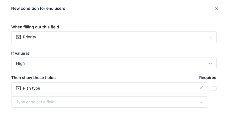 Conditional ticket fields configuration showing field visibility rules for the 'Plan type' field.