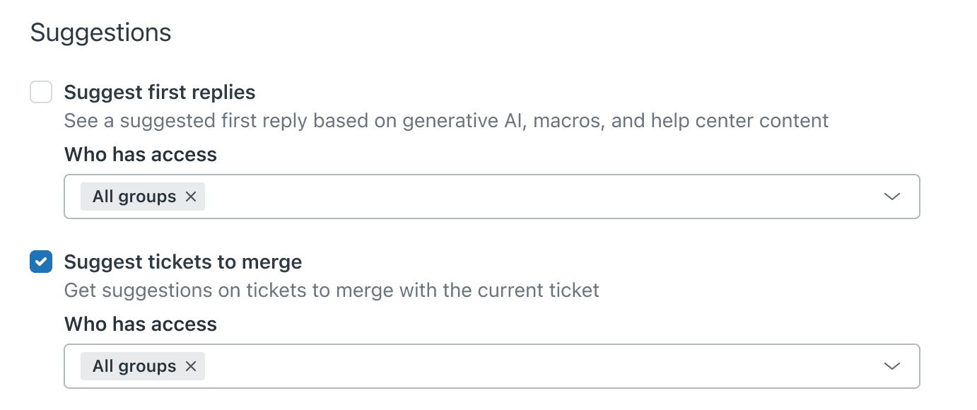 A settings panel displaying AI-powered suggestions configuration for first replies and ticket merging, with options to define user access.