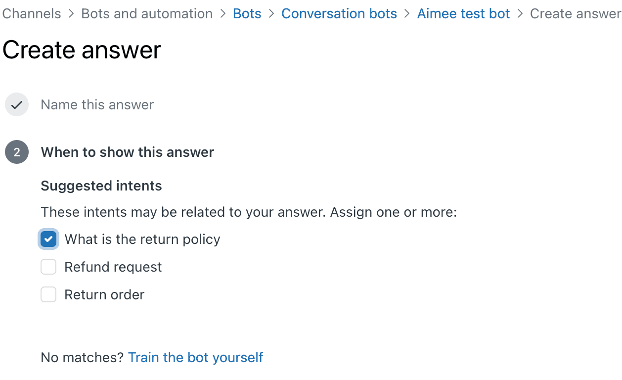 Bot configuration interface with suggested intents for a new answer including refund request