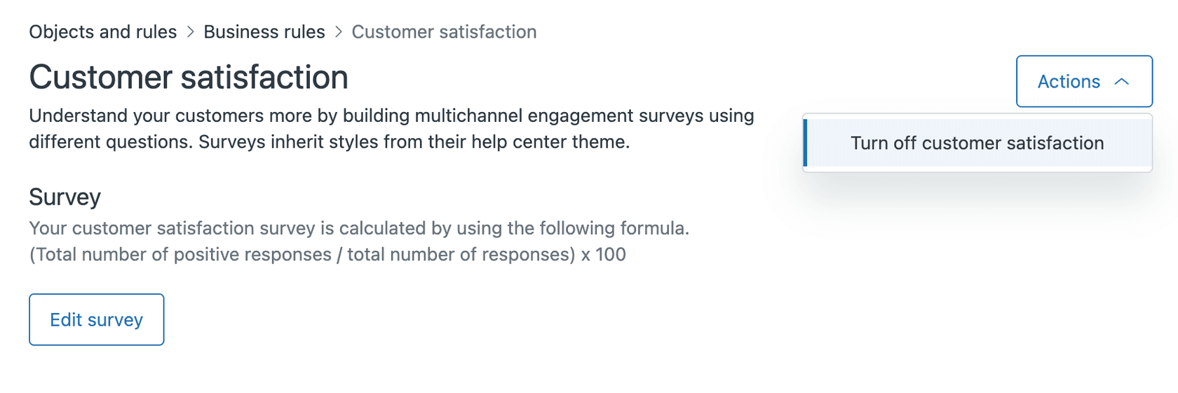 Customer satisfaction settings panel with options to manage the survey and its calculation