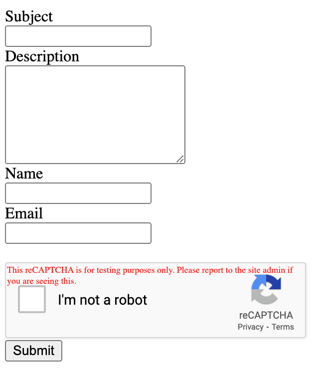 A custom ticket submission form interface, featuring fields for subject, description, and user contact details, along with a reCAPTCHA verification.