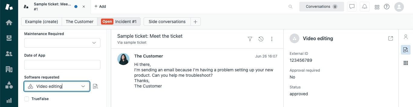 Agent workspace with ticket record and linked custom object preview panel