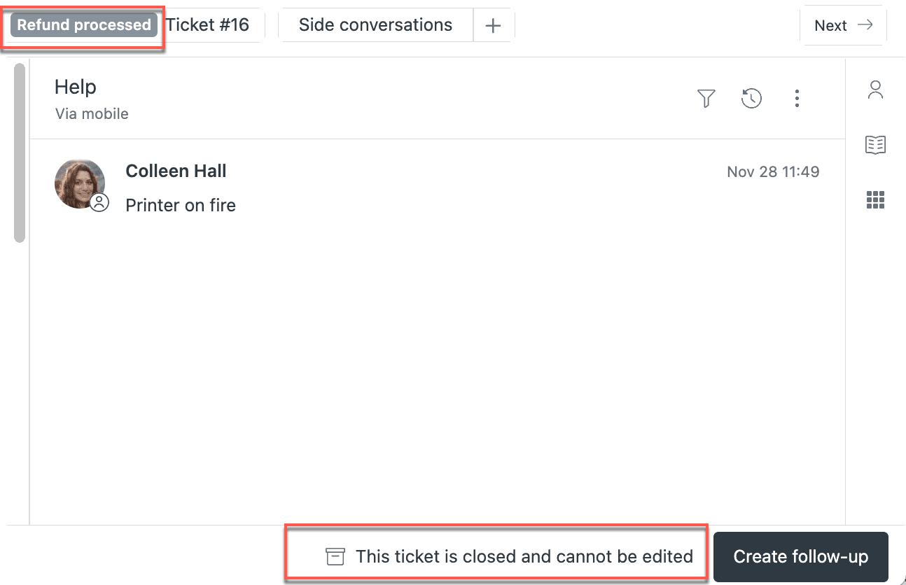 A customer support ticket interface displaying a 'Refund processed' ticket in a closed state, indicating its position in the ticket lifecycle.