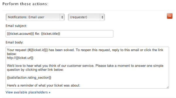 Zendesk automation settings including the satisfaction rating placeholder for CSAT surveys