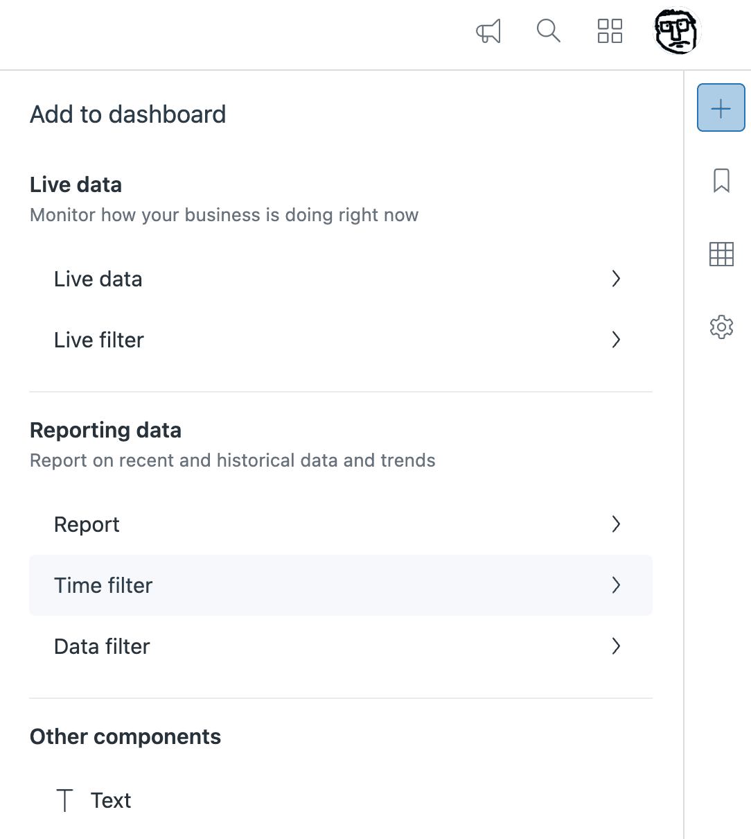 Dashboard edit mode showing the add filter menu with live, time, and data filter options