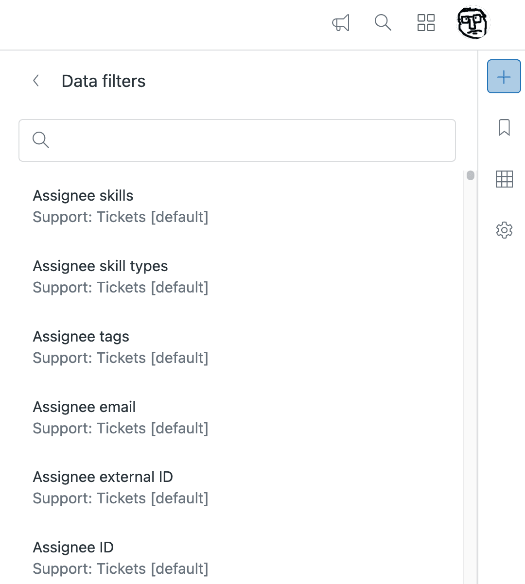 Data filter configuration panel with assignee attributes for selection
