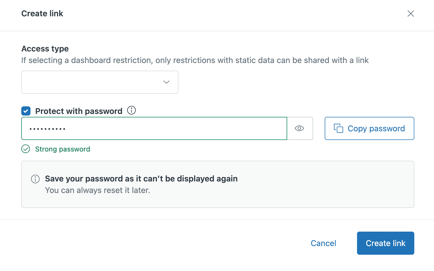 A product's 'Create link' dialog displaying password protection options, including a password input field, strength indicator, and copy password functionality.