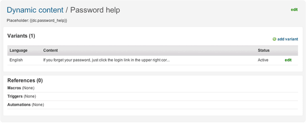 A dynamic content editor displaying placeholder creation with language variants for 'Password help'.