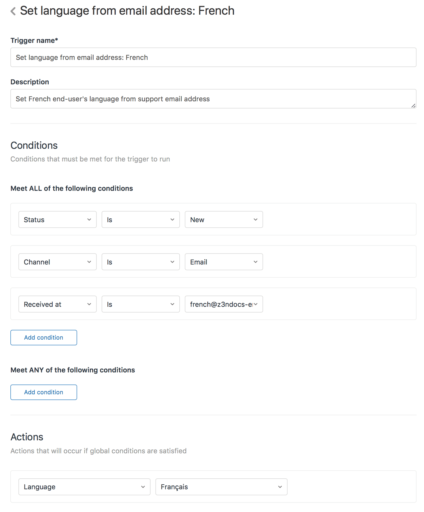 Configuring a localization trigger in an admin center, showing the 'Language' action dropdown set to 'Français'.