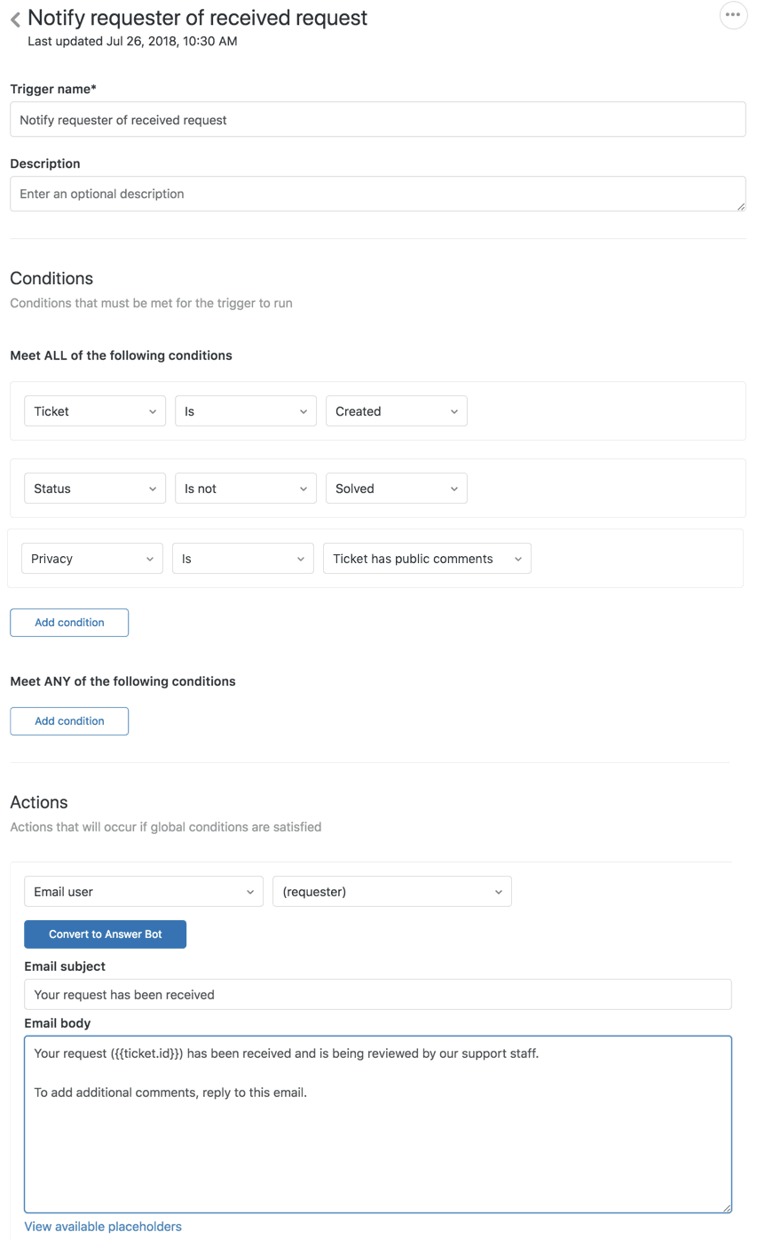 Zendesk trigger configuration for email notifications to requesters
