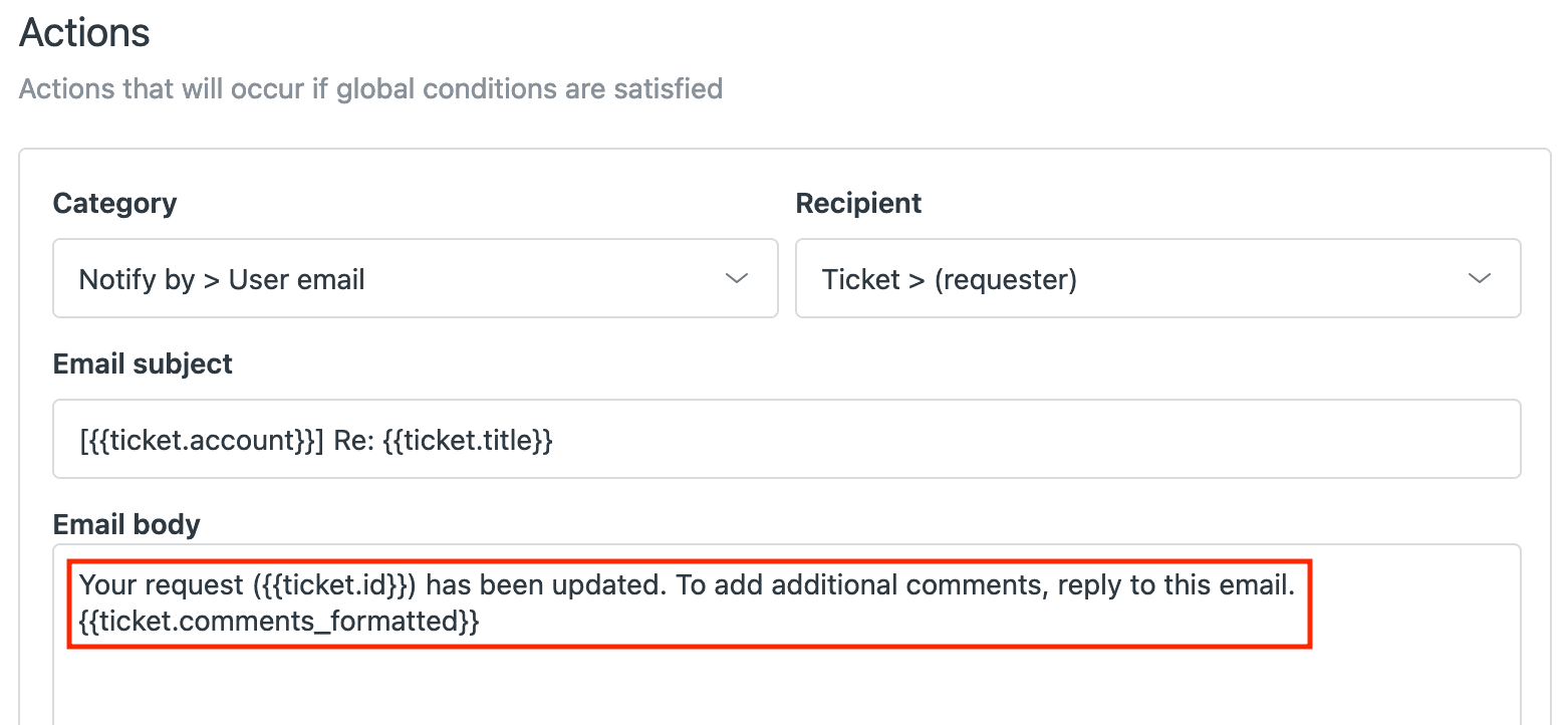 A platform's action settings panel displaying email notification template customization options, including dynamic variables for subject and body.