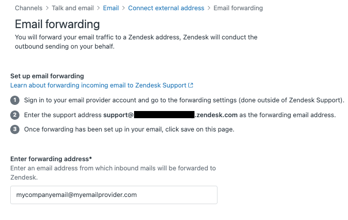 Zendesk Admin Center interface for connecting external email addresses
