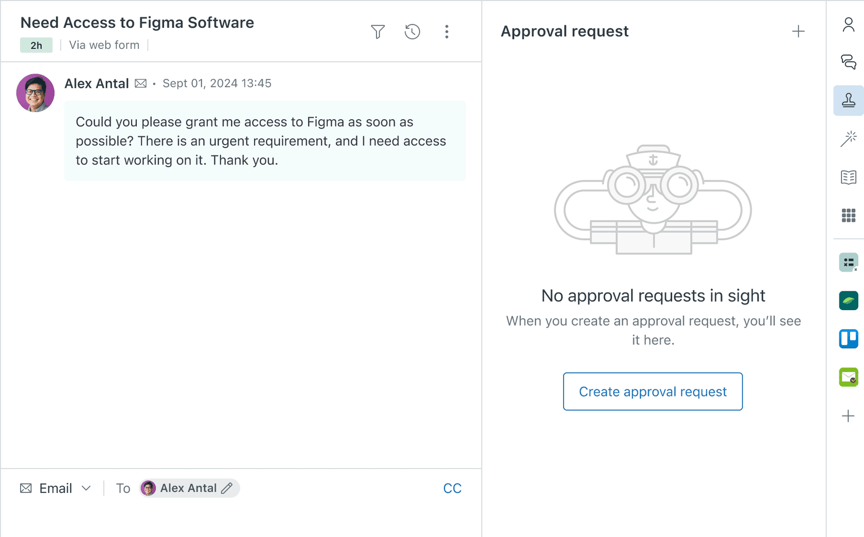 Zendesk's context panel displaying the approval request interface and its corresponding icon.