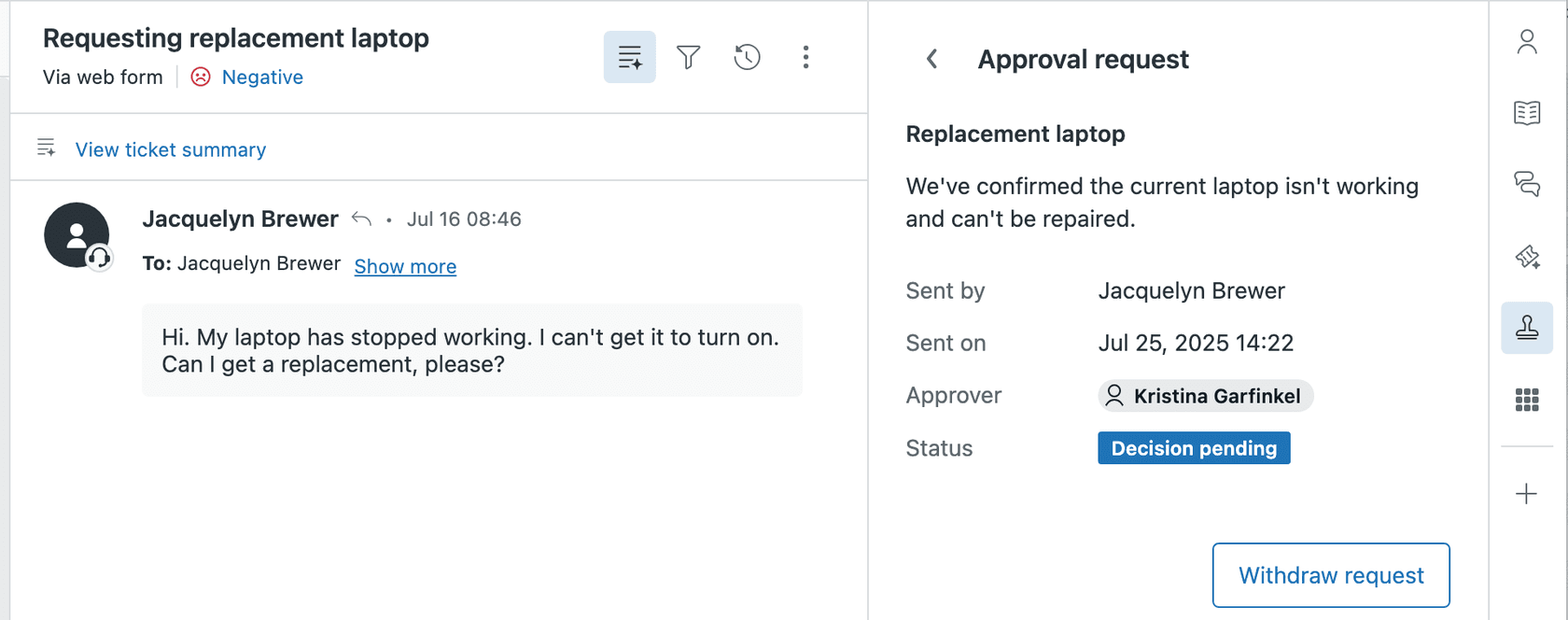 Zendesk's ticket interface displaying an approval request for a replacement laptop, showing the 'Decision pending' status and assigned approver.