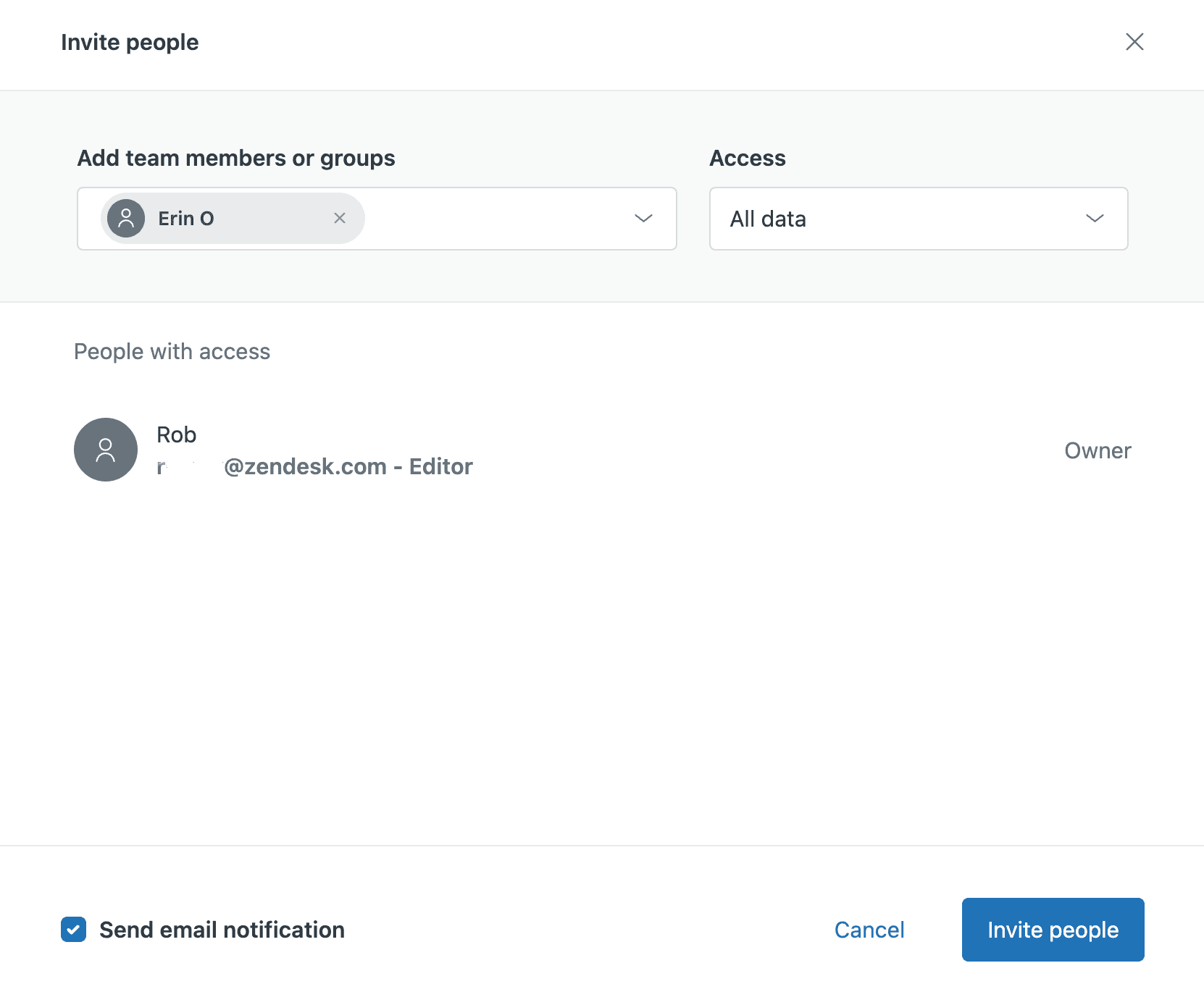 Zendesk's 'Invite people' sharing menu, allowing users to add team members and manage access.