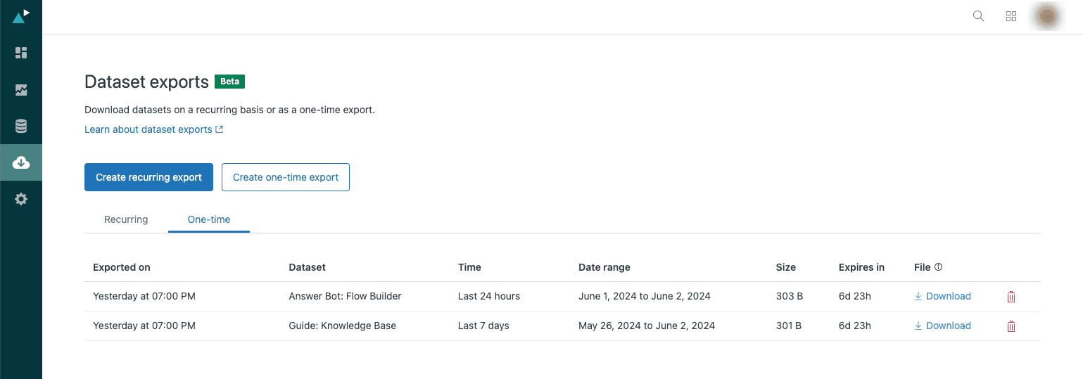 Zendesk Explore's dataset exports page with recurring and one-time export options