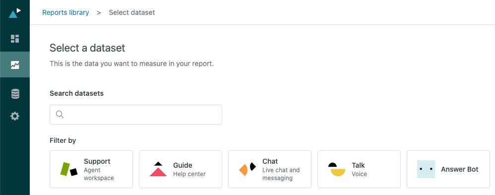 The report builder interface for selecting a dataset, offering options like Support, Guide, Chat, Talk, and Answer Bot.