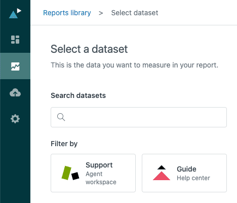 Interface de seleção de conjunto de dados do Zendesk Explore para dados de suporte e guia