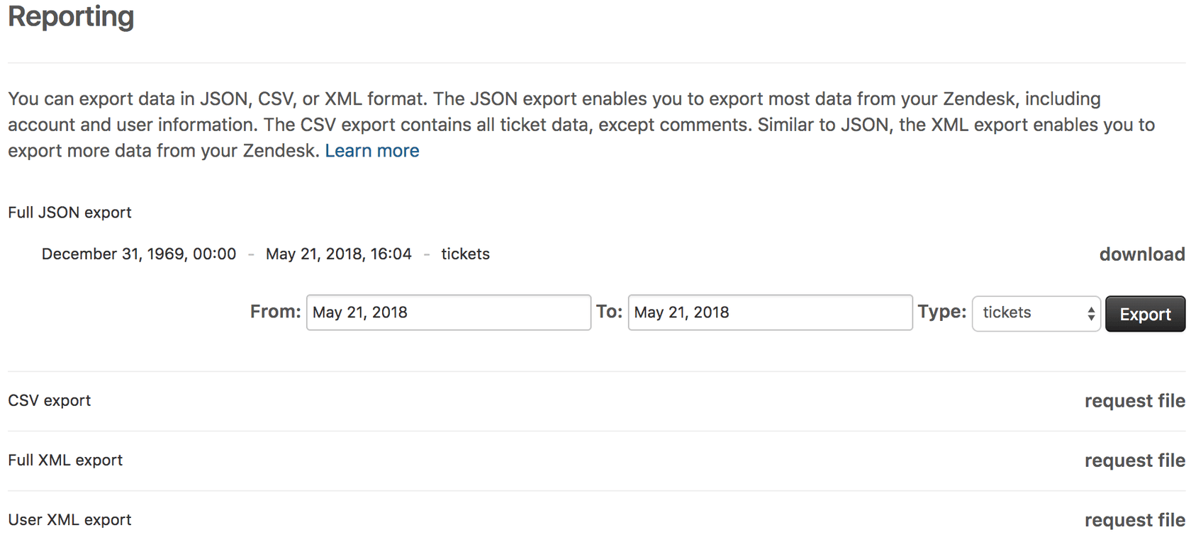 Zendesk Admin Center export options panel showing JSON, CSV, and XML data export choices