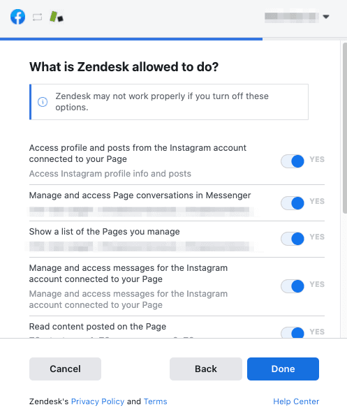 Facebook's integration permissions screen for Zendesk