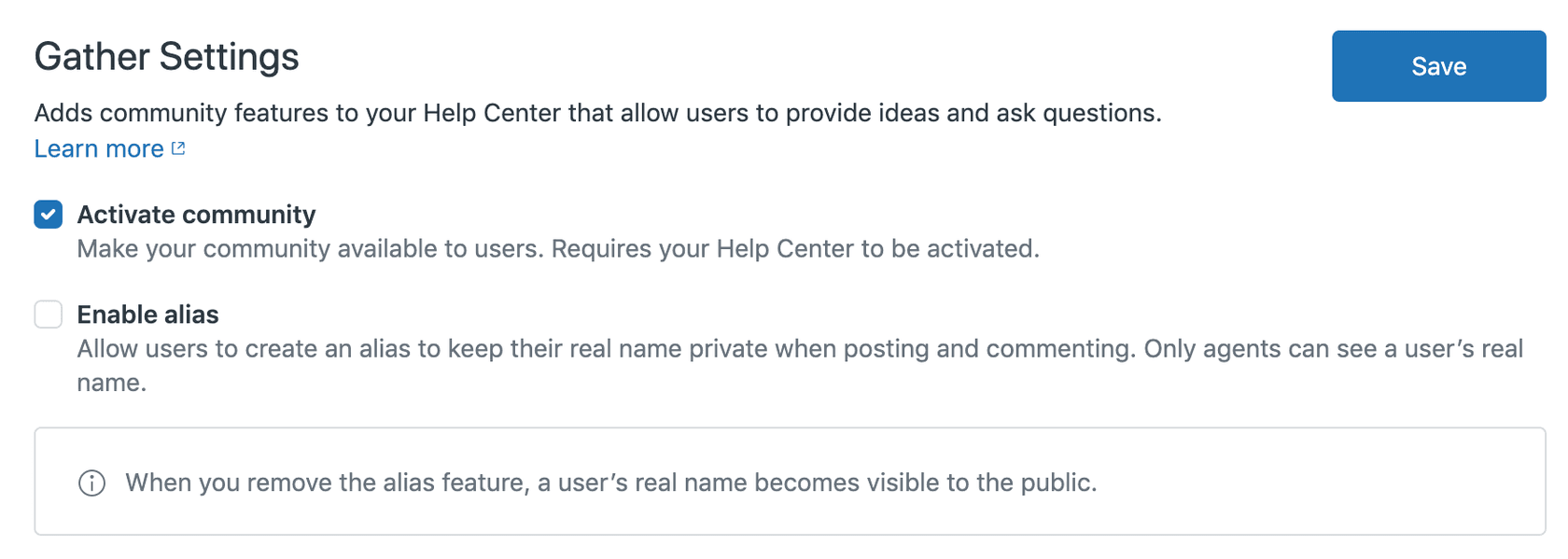 The Gather Settings panel showing the 'Activate community' checkbox enabled.
