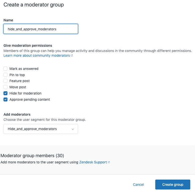 The moderator group creation interface, allowing users to define group names and assign specific moderation permissions via checkboxes.