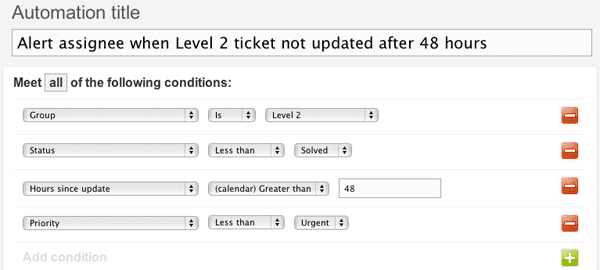 Zendesk's automation setup interface, showing conditions for alerting an assignee based on ticket group, status, update time, and priority.