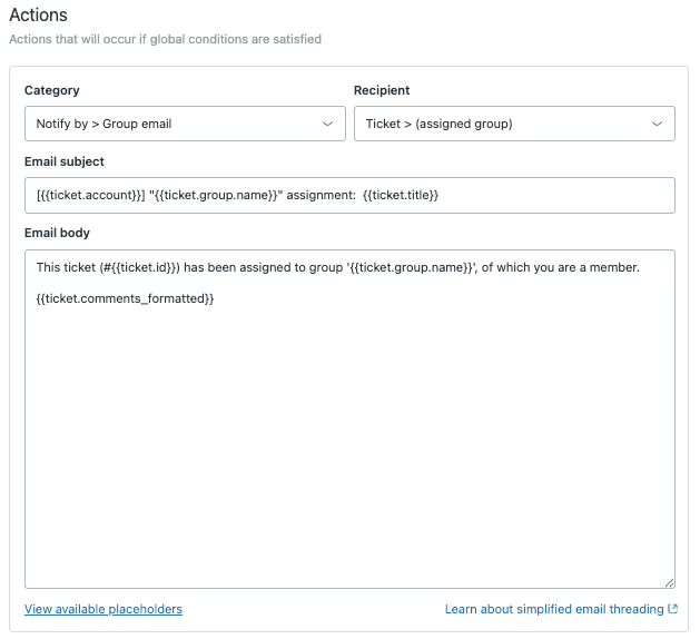 Zendesk Admin Center showing an automation or trigger action configured to email an assigned group.