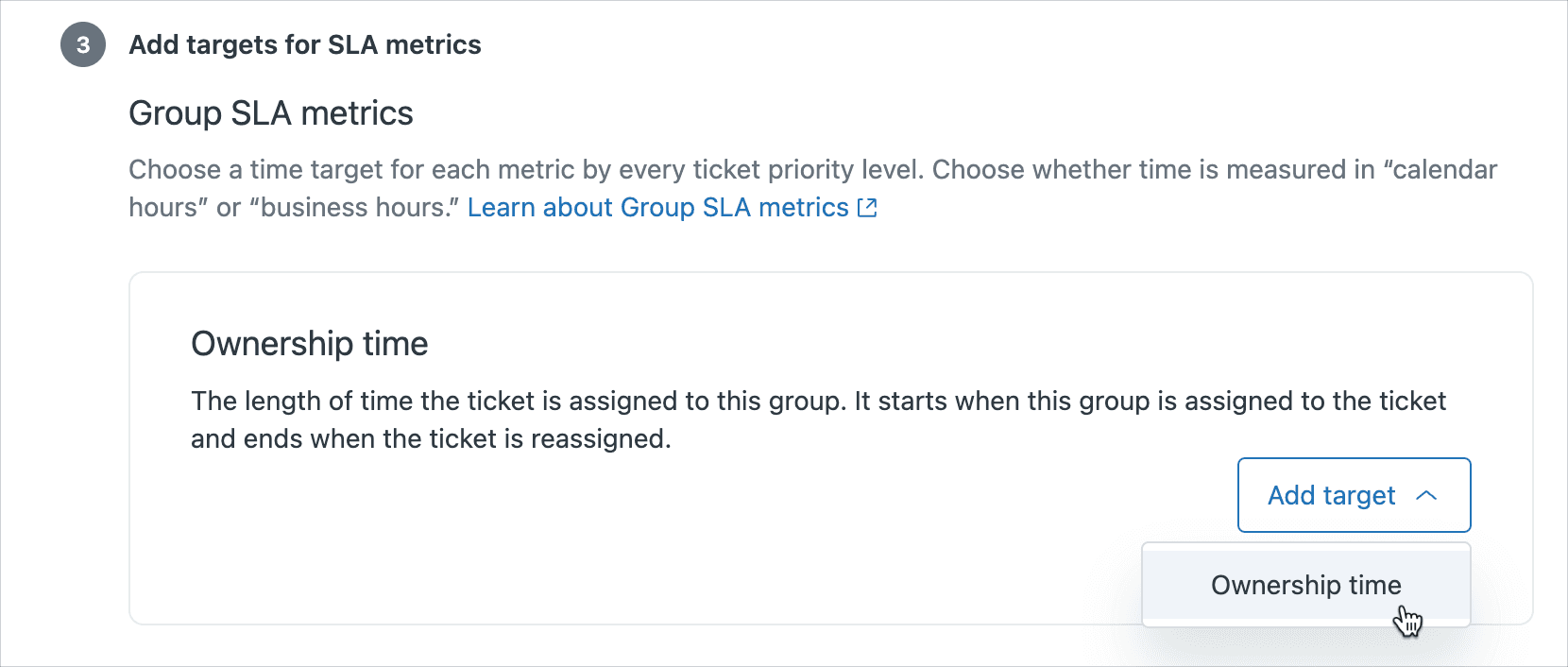 Zendesk's Admin Center displaying the 'Add targets for SLA metrics' interface for Group SLA metrics.