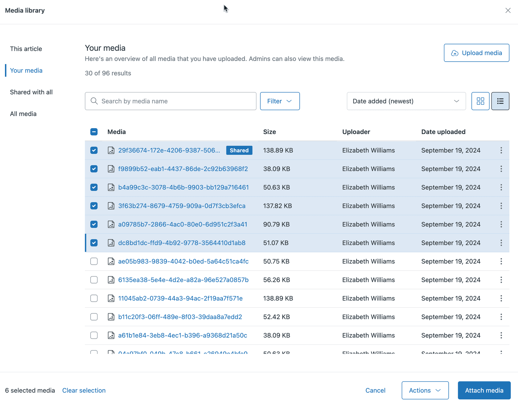A media library interface showing uploaded files and selection options for attachment.