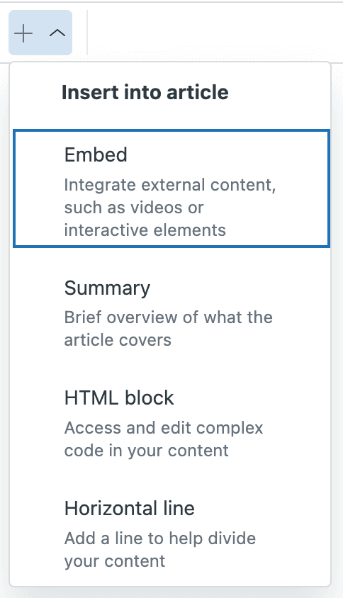 Zendesk Guide article editor showing the 'Insert into article' menu with the 'Embed' option highlighted.
