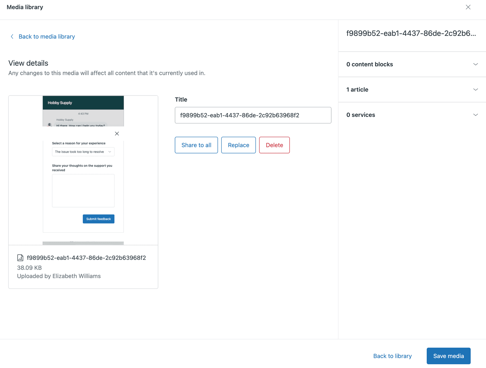 A media library interface showing the details view for a selected image, with file actions like 'Share to all', 'Replace', and 'Delete' available.