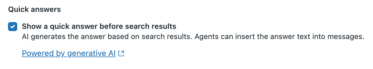 Admin Center settings panel with the Quick Answers toggle for configuring AI-generated responses