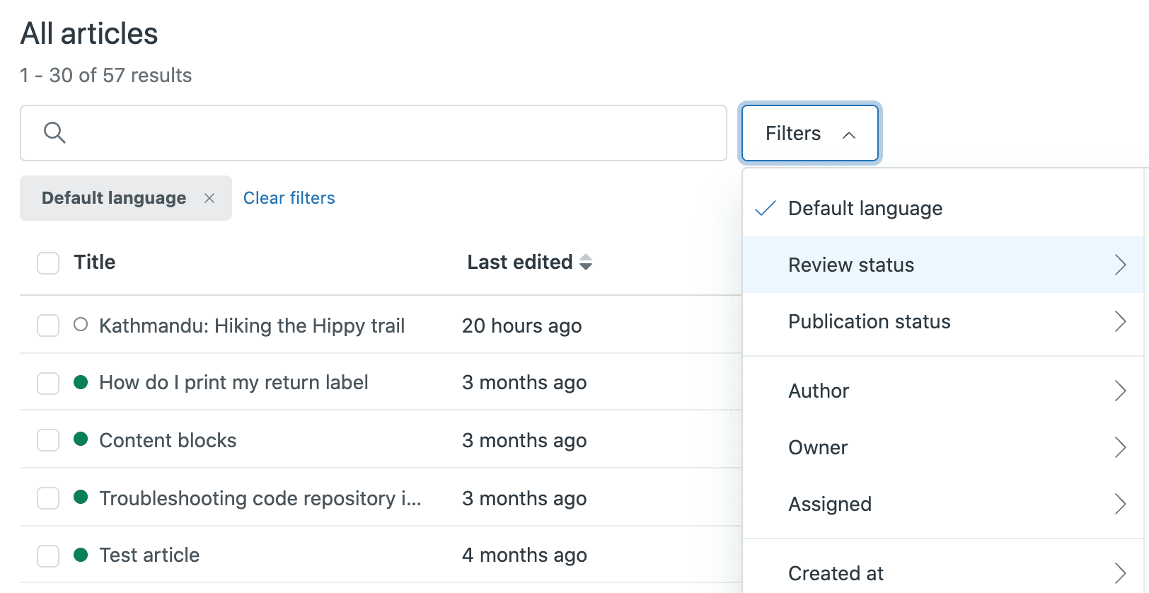 Guide admin interface with article list, search, and filtering options