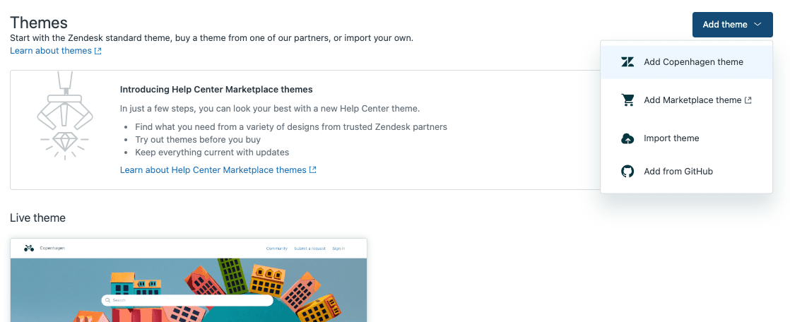 Zendesk-Designbibliothek mit der Copenhagen-Designoption