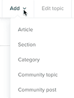 Knowledge Capture app's Add dropdown for selecting content types like Article or Section