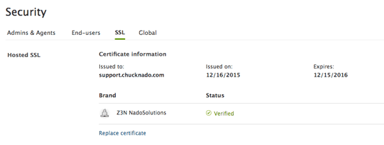 Interface de gestion des certificats SSL du Centre d’administration Zendesk